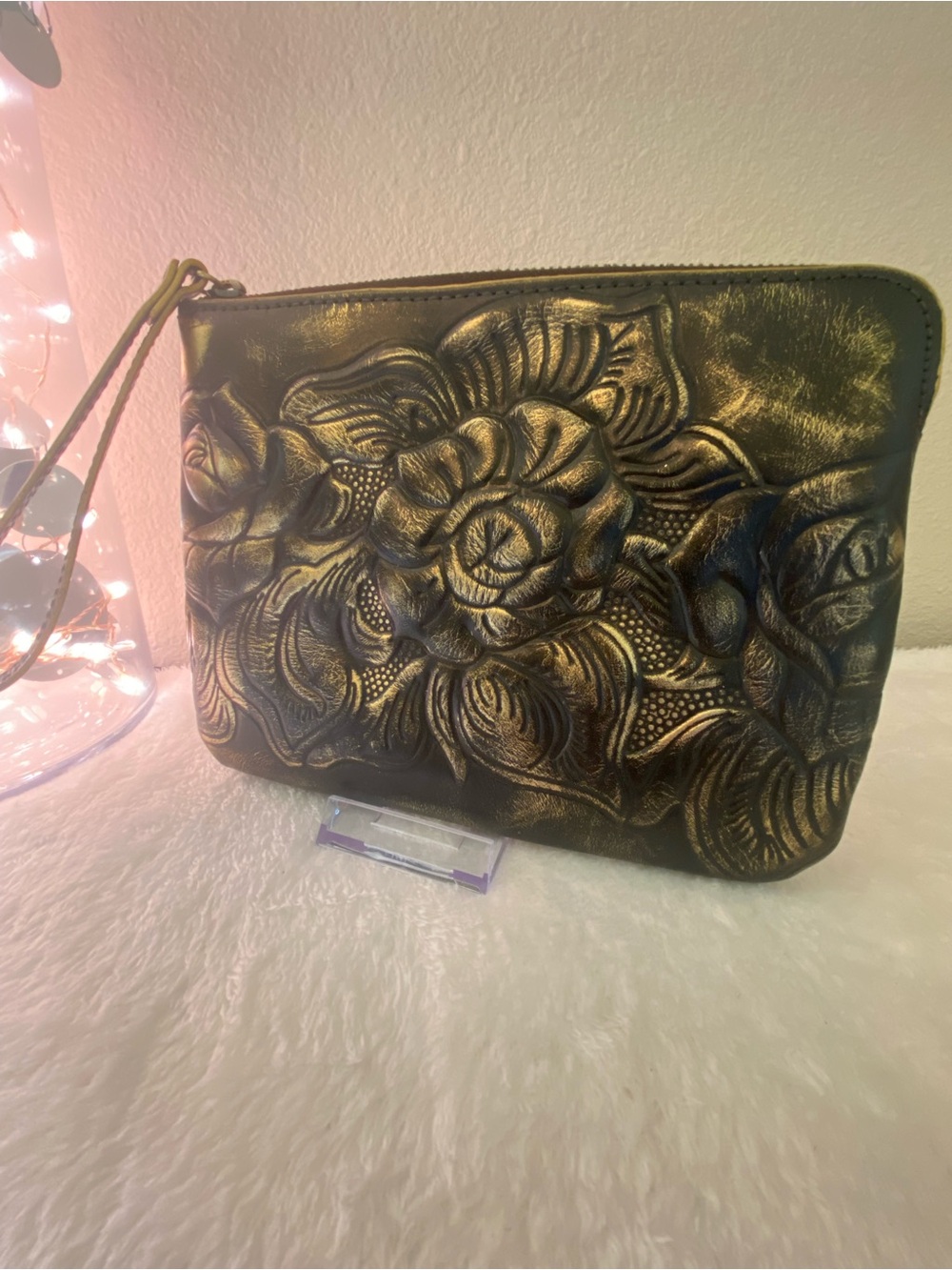 Patricia Nash Metallic Gold-Black Floral Wristlet - Large - Like New